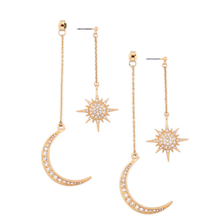 Diamond rhinestone tassel sun moon stud earrings