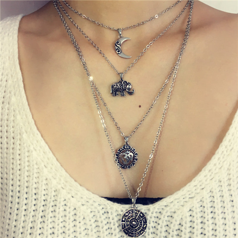 European and American exaggerated vintage alloy necklace Bohemian moon elephant pendant multi-layer choke sweater chain