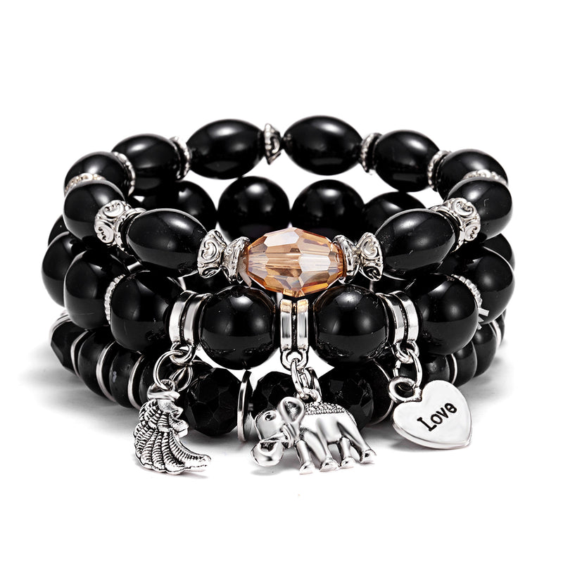 Elephant Love Wings Natural Stone Bracelet Set