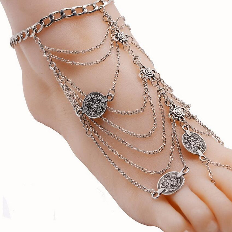 Silver Tassel with Coin Pendant Anklet