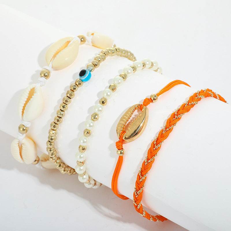 Braided Wax Line Rice Zhu Conch Shell Anklet 5-Piece Set