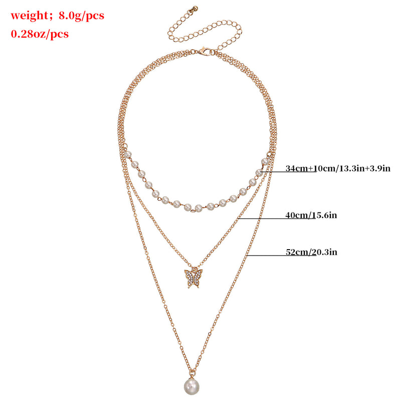 Multilayer Thin Chain Pearl And Diamond Butterfly Pendant Necklace