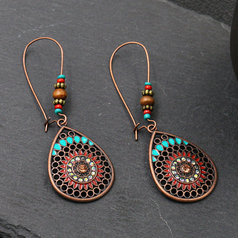 Vintage Tribal Ancient Bronze Dangle Earrings Bohemian Large Long Hollow Earrings