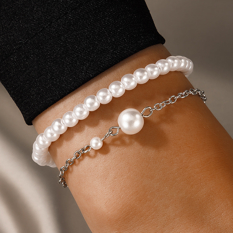 Simple Fashion In Europe And America Hand Jewelry Stringed Pearls Bracelet Two-piece Set