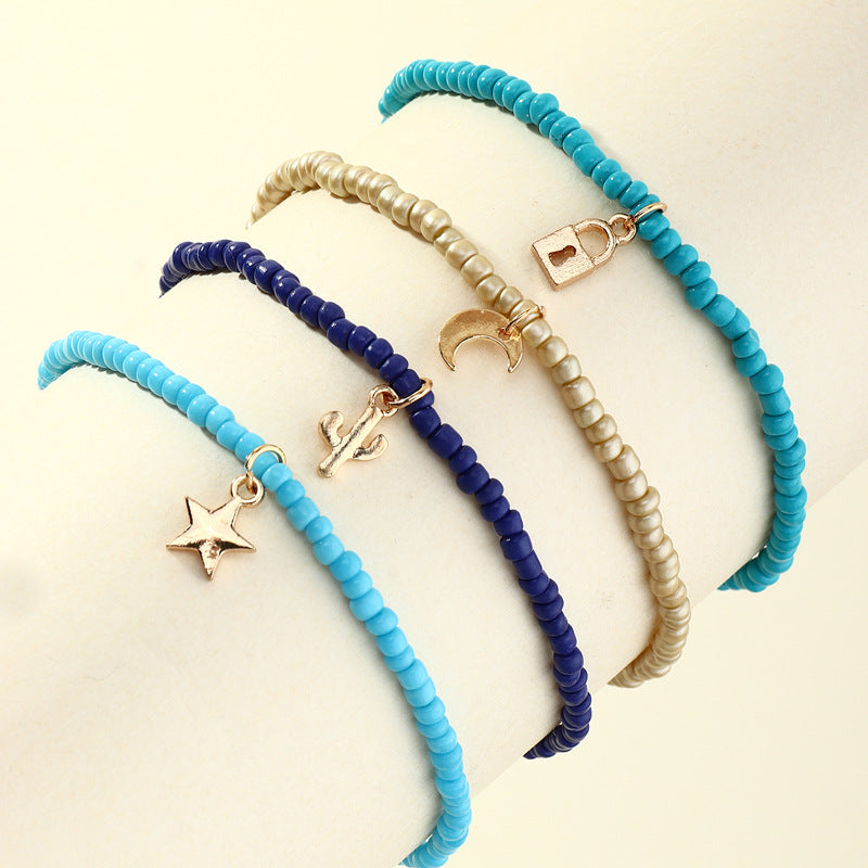 Jewelry Personality Creative Trend Rice Bead Anklet Lock Pendant Hand-woven