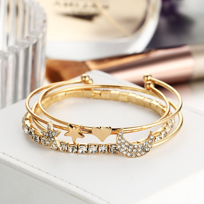 Geometric Crystal Star Moon Bracelet Peach Heart Women