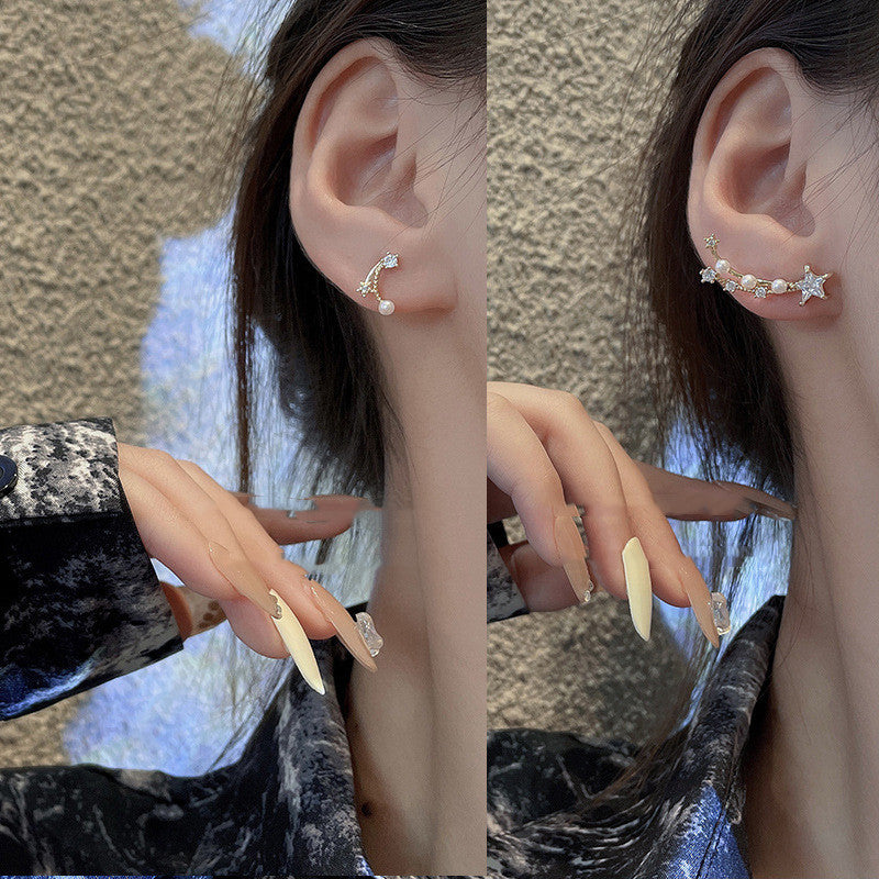 Korean Super Fairy Asymmetric Zircon Star Pearl Earrings Women