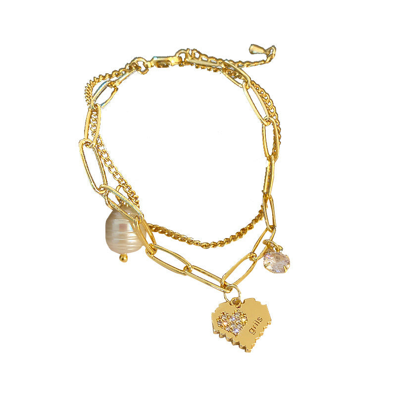 Women's Double Layer Freshwater Pearl & Diamond Love Bracelet