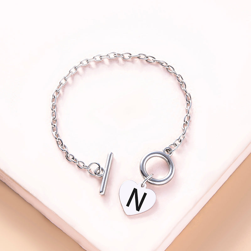 Silver Color Link Chain OT Buckle Clasp Bracelet 26 Initial Letter Heart Charms Bracelets For Women Girls