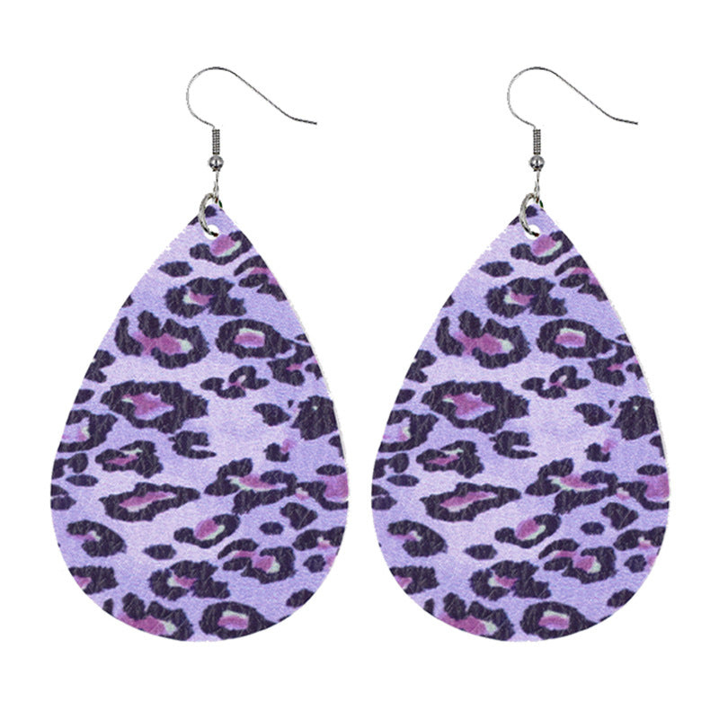 Leather Earrings With Drop-shaped Leopard Print On Both Sides