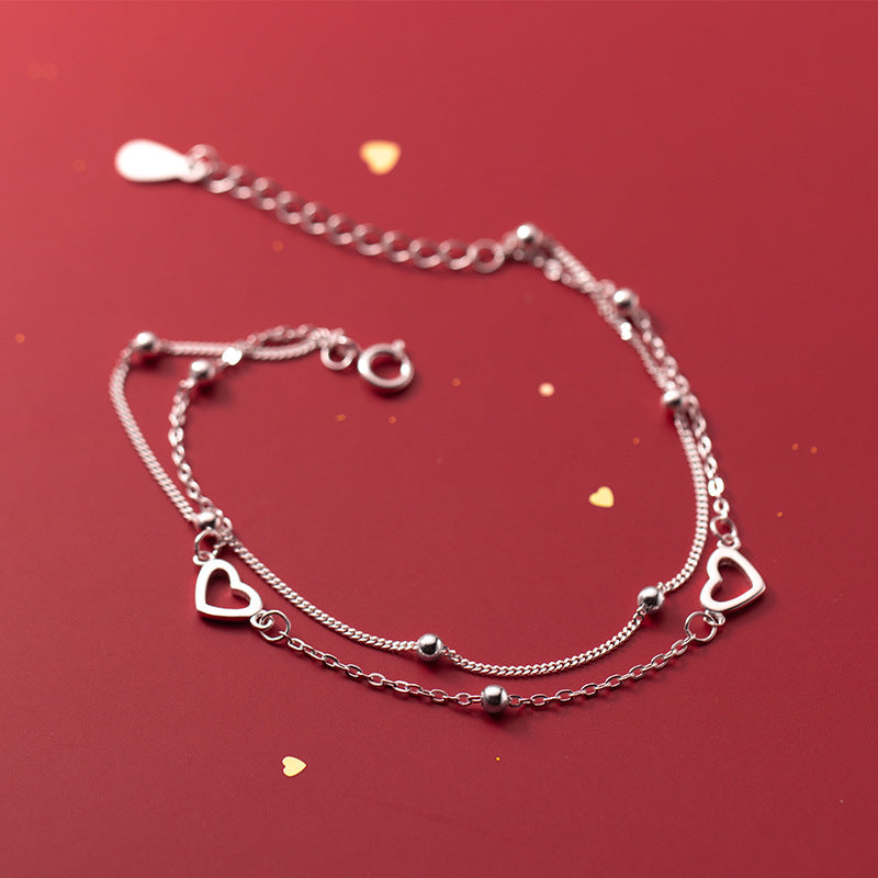 Double-layer Design Round Bead Hollow Heart-shaped Bracelet