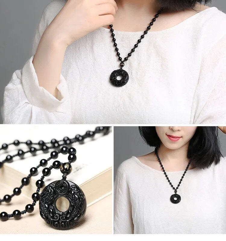 Obsidian Double Pixiu Round Button Pendant Necklace