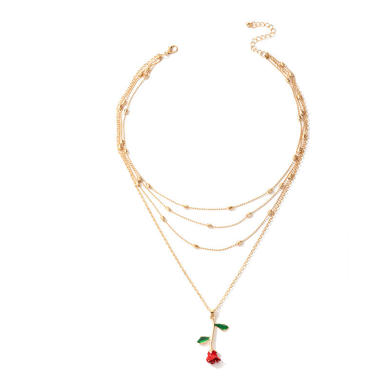 Rose Flower Dripping Oil Alloy Multilayer Necklace