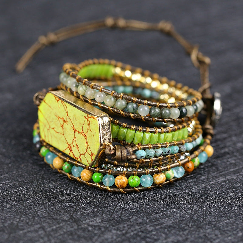 Diamond Shaped Imperial Turquoise Hand-woven Multi-layer Leather Bracelet