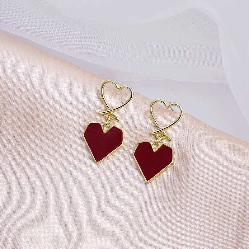 S925 Silver Needle Wine Red Heart Love Stud Earrings