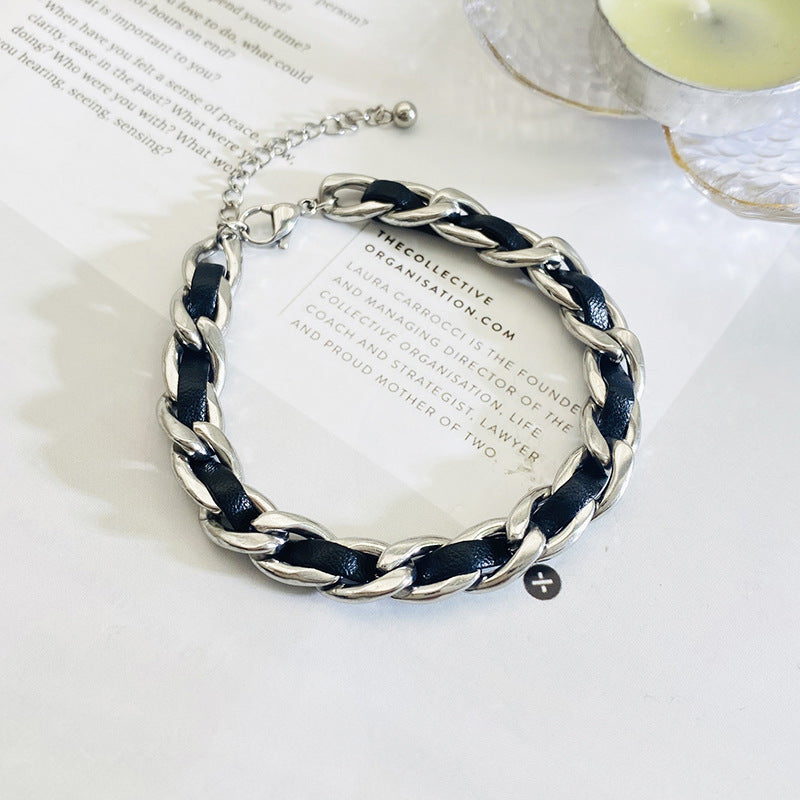 Leather Cord Interspersed Stainless Steel Fashion Exaggerated Bracelet
