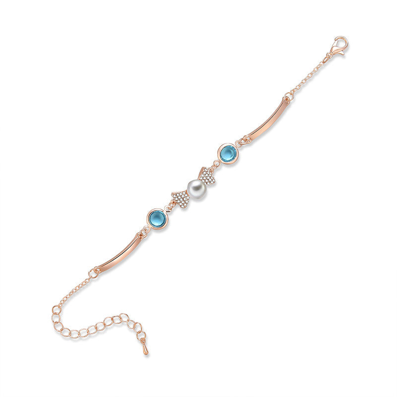 Lake Blue Crystal Embellished With Chic Exquisite Pearl And Rhinestone Hand Jewelry