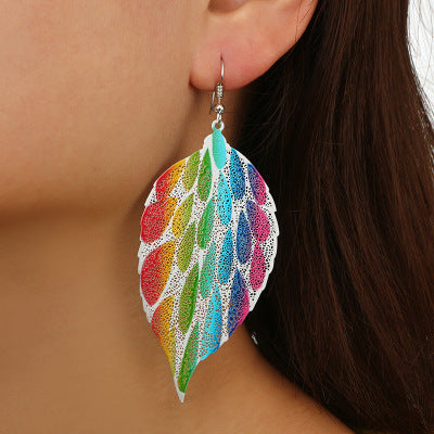 Hollow-Out Printed Seven Color Leaf Earring Female