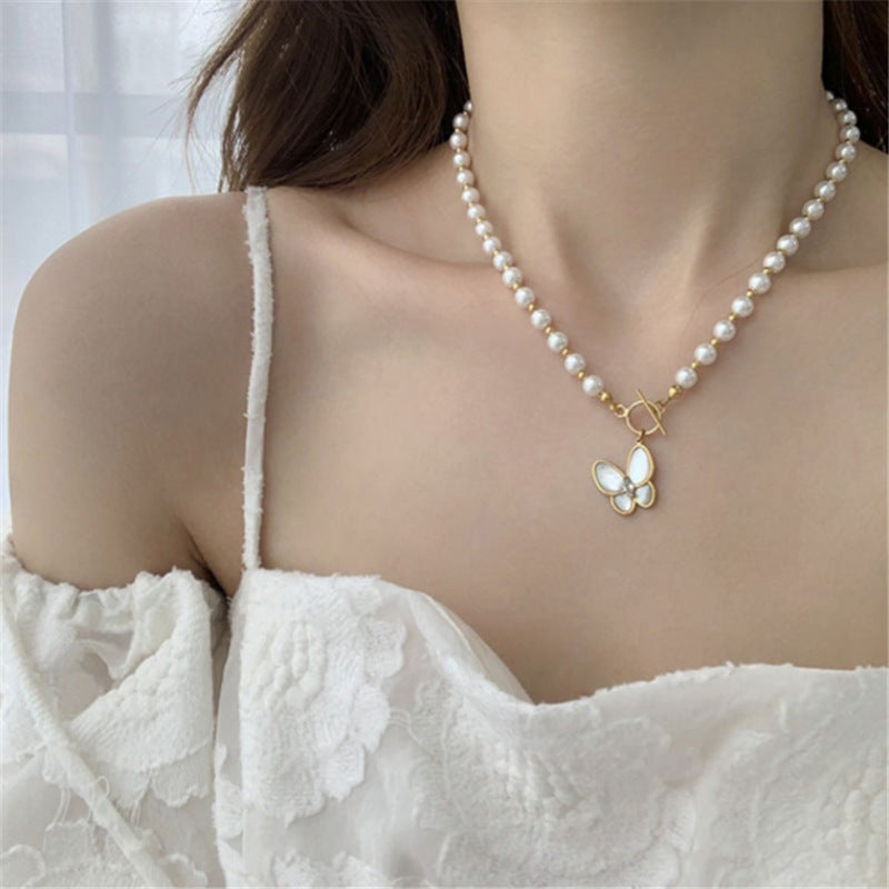 Vintage French  Pearl Butterfly Pendant Necklace Clavicle Chain