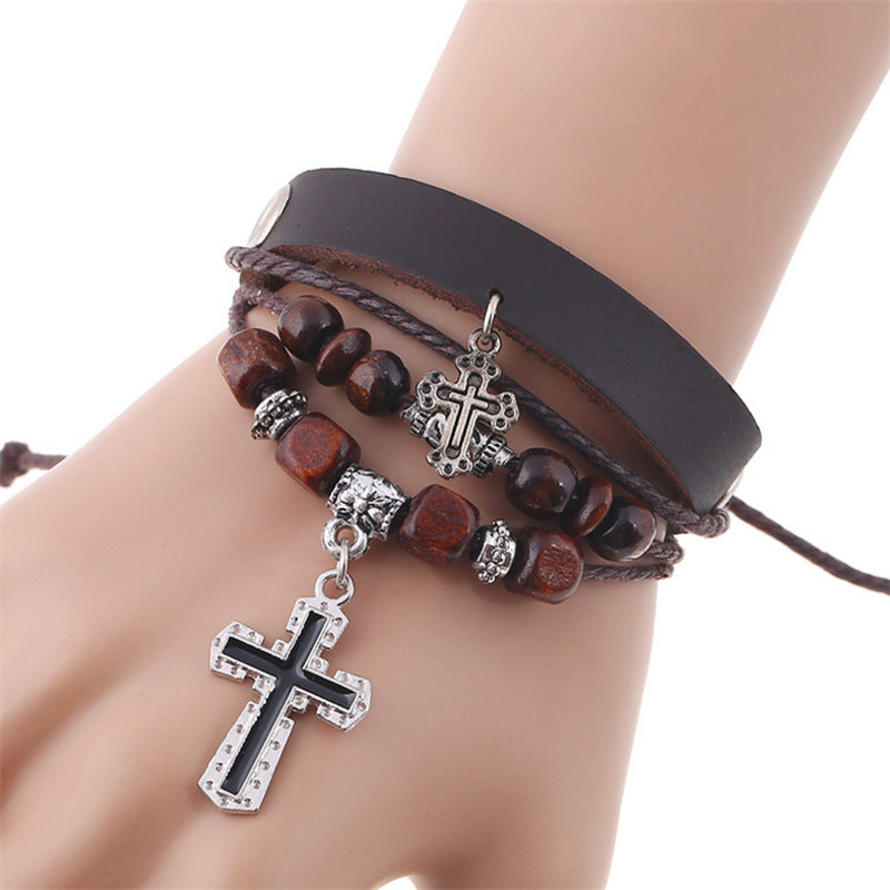 Leather Chain With Cross Beaded Genuine Leather Bracelet