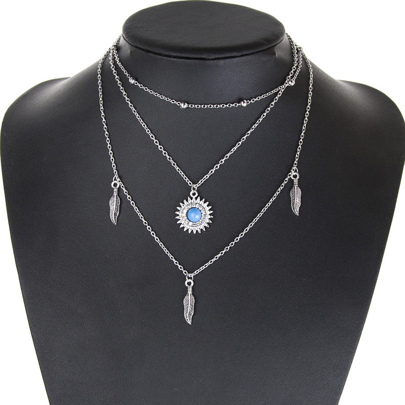 Three feathers, sun beads, multi-layer clavicle chain