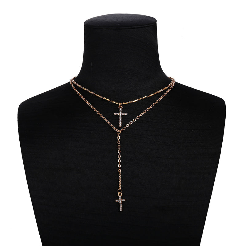 Multi-layer Double Layer Cross Crystal Necklace Sweater Chain