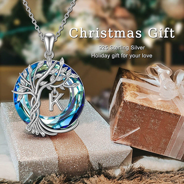 New Tree Of Life Initial Necklace Round Blue Austrian Crystal