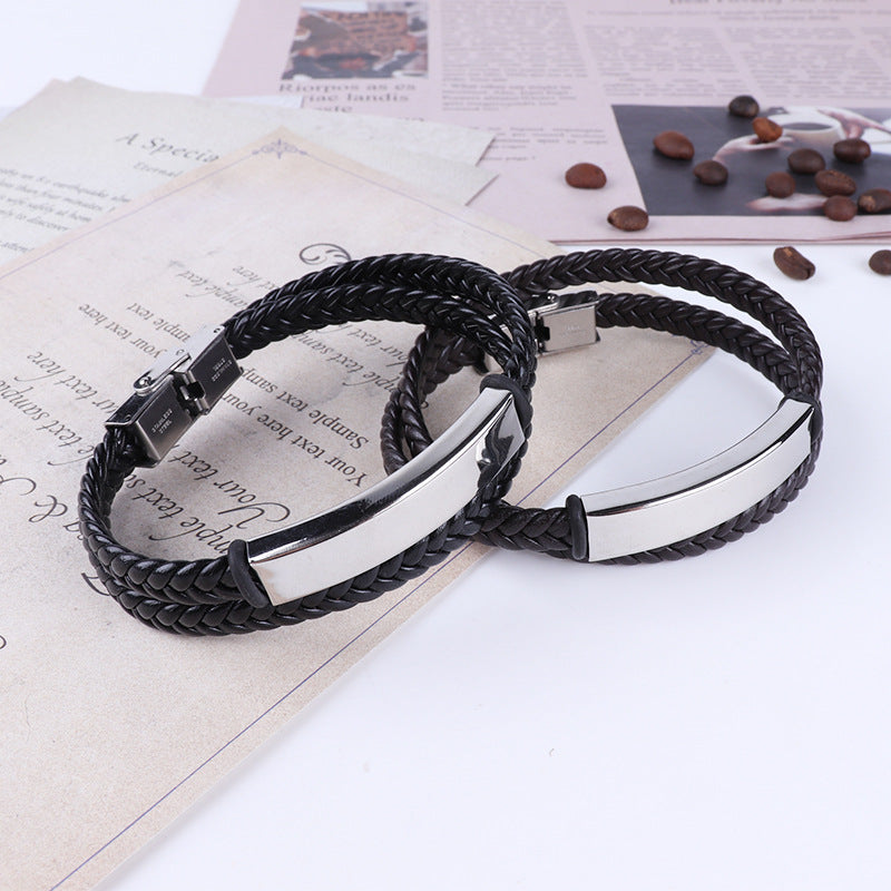 Fashion Men's Vintage Double Braided Rope Leather Titanium Steel Lettering Bracelet