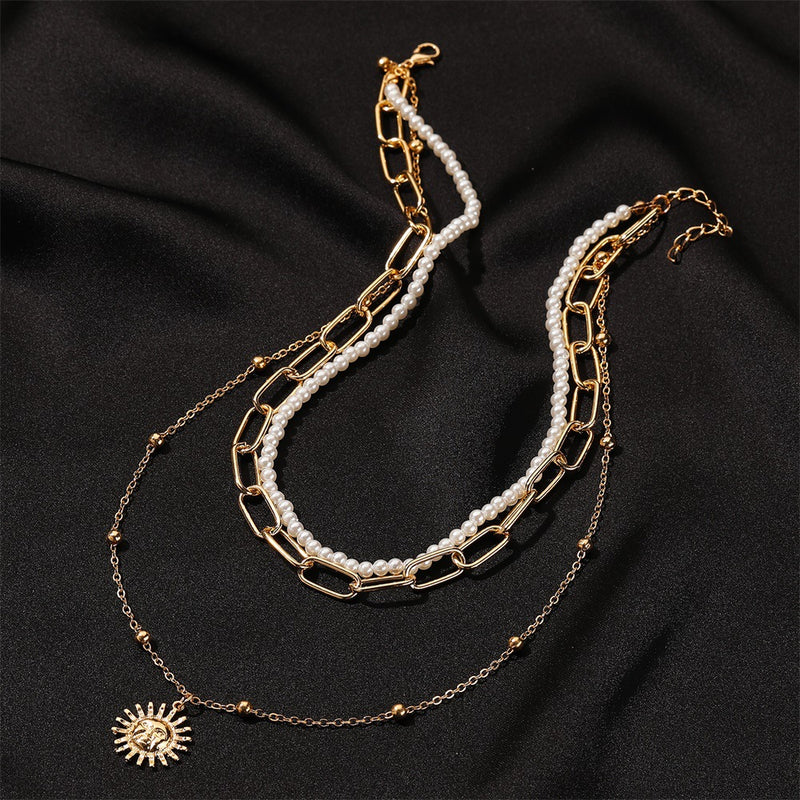 Personality 3-layer Sun Necklace Female Personality Pearl Thick Chain Multilayer Long Sweater Chain