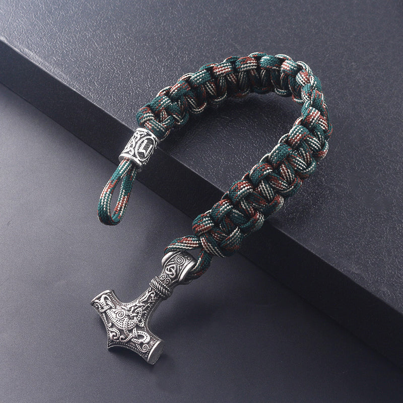 Vintage Metal Viking Thor's Hammer Camo Braided Bracelet