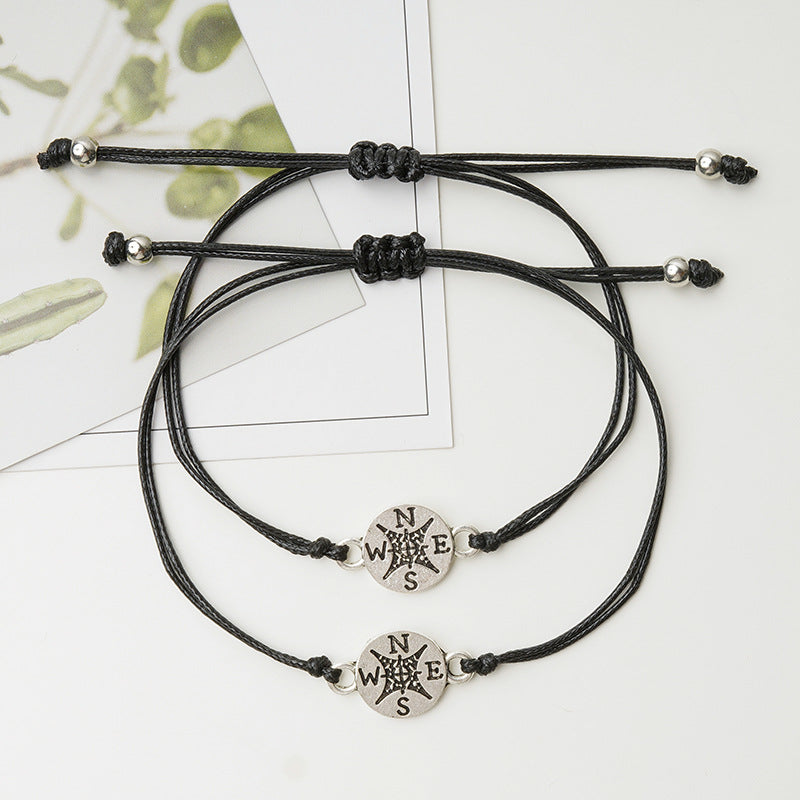 Card Bracelet Retro Alloy Compass Handmade Wax Wire Braided Bracelet 2 Piece Set