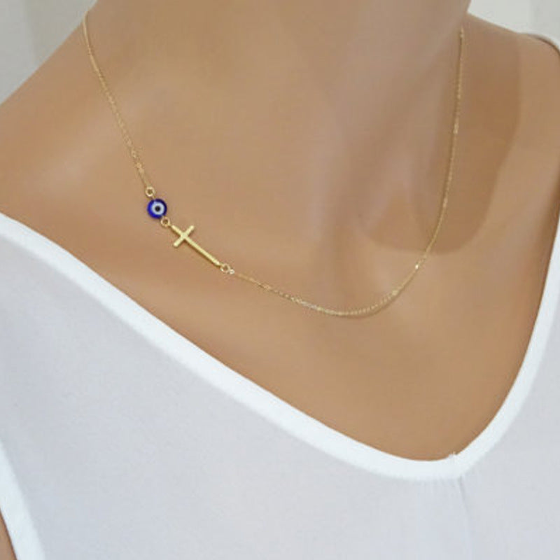 Cross blue eyes clavicle women's necklace