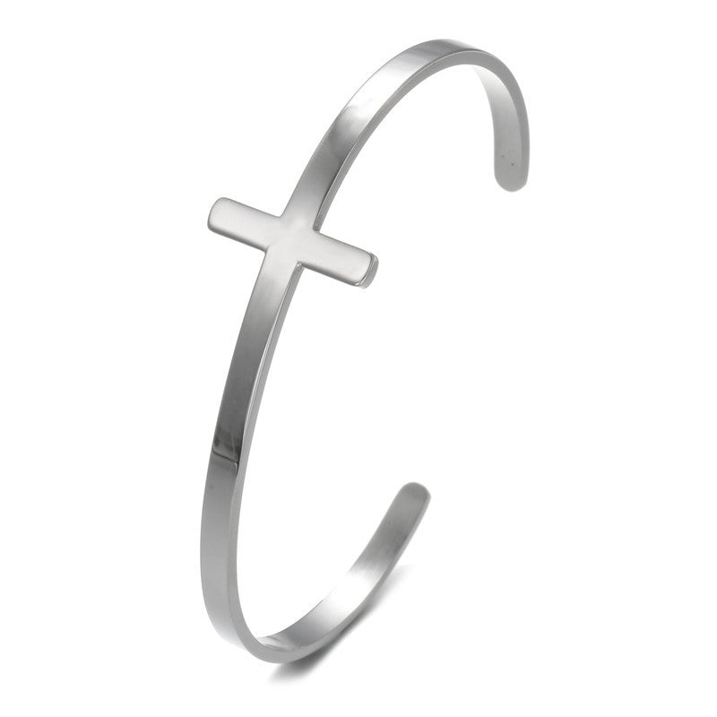 Trendy Stainless Steel Titanium Steel C- Shaped Cross Bracelet European And American Simple Ins Style Adjustable Bracelet