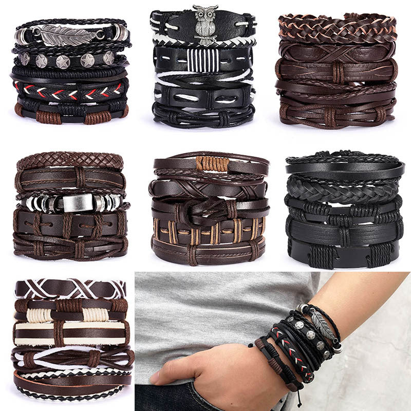 Men's Cross Braided Leather Adjustable Set Bracelet