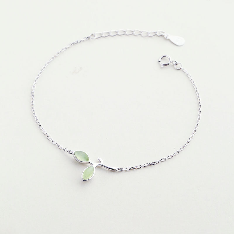 Small tender green leaf silver bracelet women