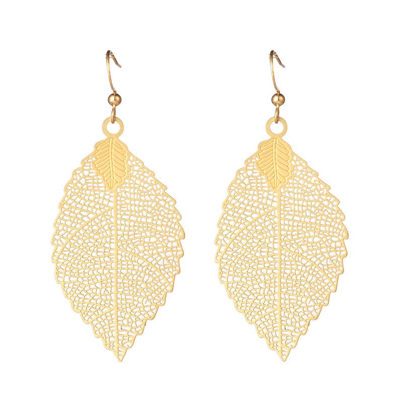 Fashion Metal Leaf Female Personality Hollow Carved Temperament Long Earrings