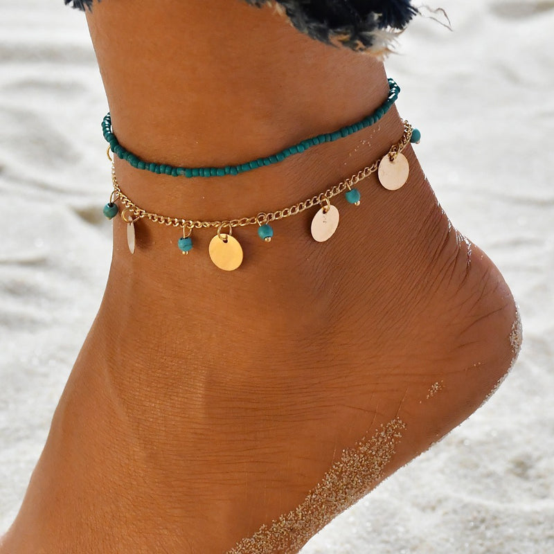 Bohemian Blue Turquoise Beaded Round Beaded Combination Anklet Bracelet