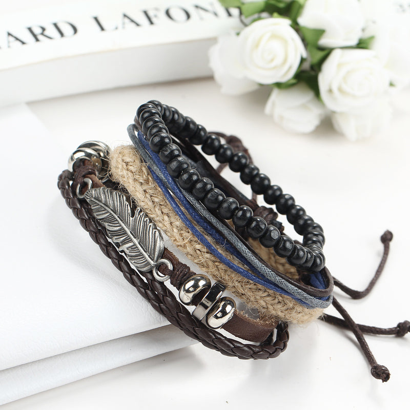 New Angel Wing Feather Alloy Multilayer Wood Bead Weaving Beaded Wax Rope Bracelet Star with Bracelet Jewelry