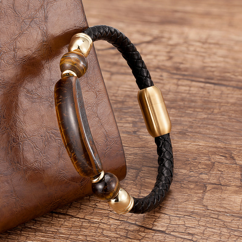 Curved Stone Leather Rope Braided Bracelet