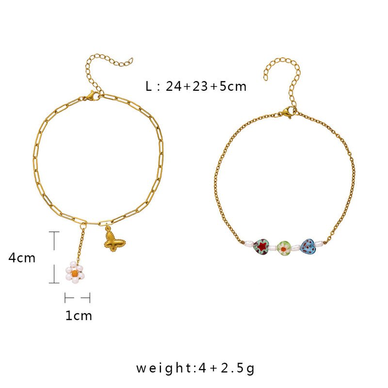 Double Layer Stainless Steel Golden Butterfly Flower Love Glass Anklet