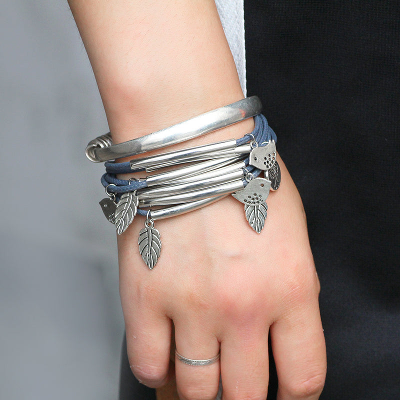 Multi-layer Woven Bracelet With Lea & Bird Charms