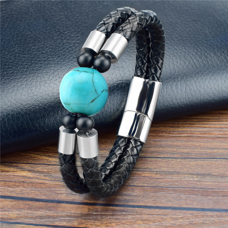 Personality Leather Bracelet Handmade Natural Stone Tiger Eye Blue Turquoise