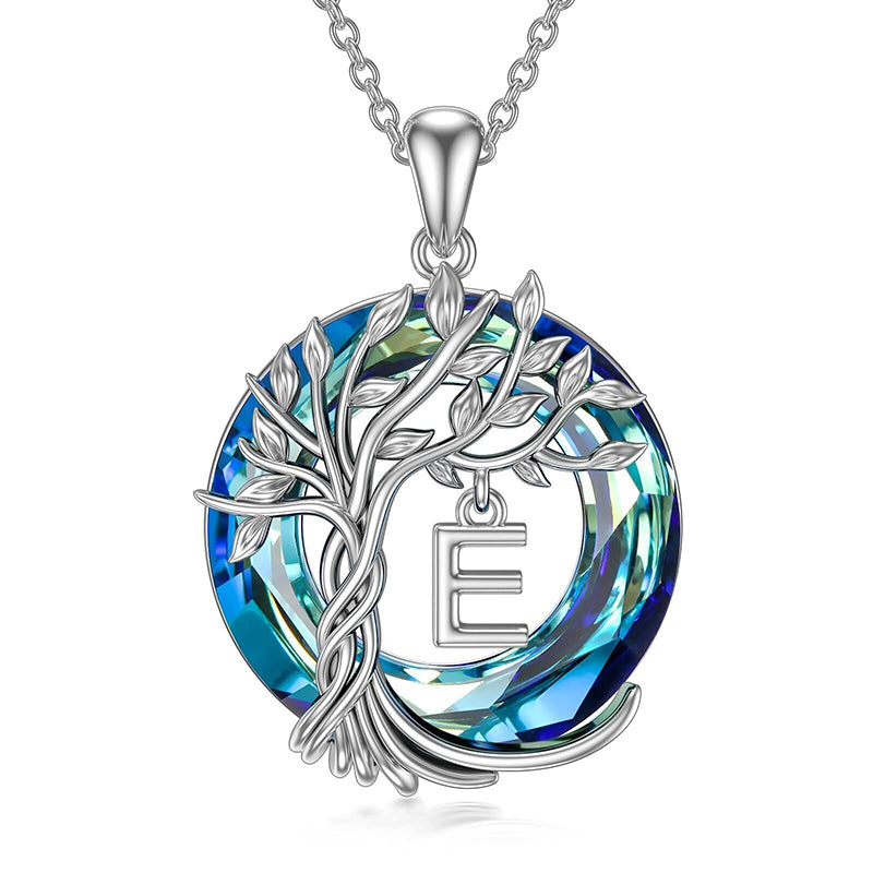 New Tree Of Life Initial Necklace Round Blue Austrian Crystal