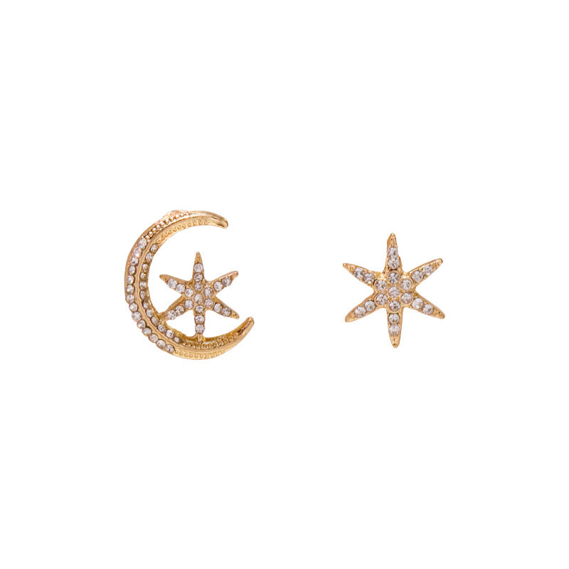 Fashion Moon Star Asymmetric Zircon Atmospheric Simple Earrings