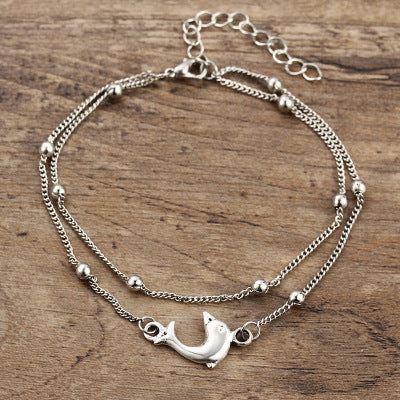 Double-Layer Silver Bead With Dolphin Anklet