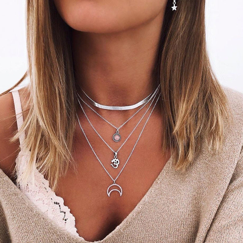 Jewel Rune Moon Stacked Necklace Clavicle Chain