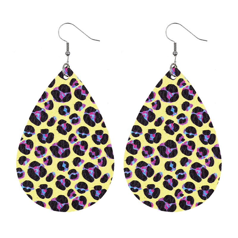 Leather Earrings With Drop-shaped Leopard Print On Both Sides