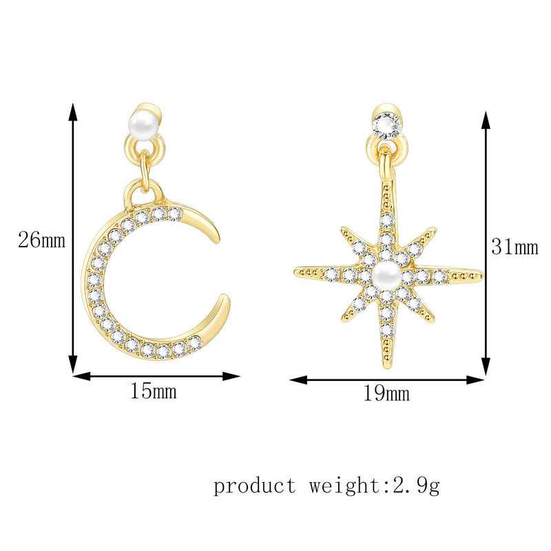 Eight-pointed Star Star And Moon Full Diamond Asymmetric Earrings