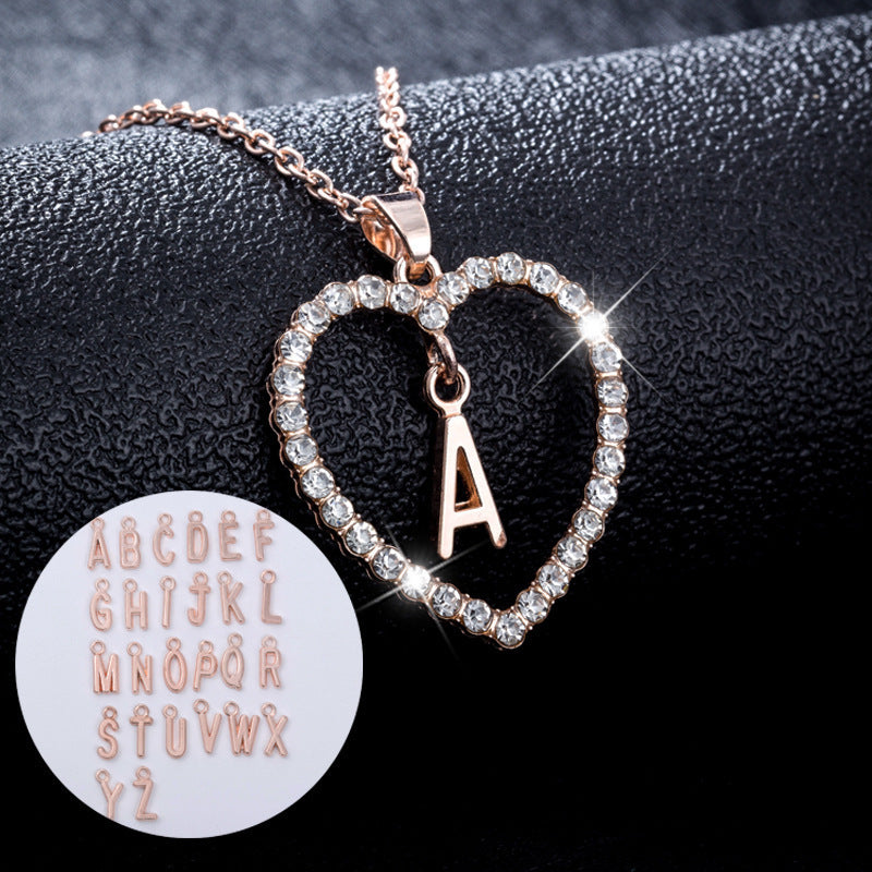 26 English Letters Diamond Peach Heart Necklace Love Letter Pendant