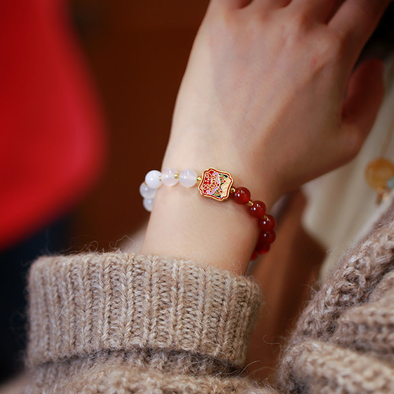 Women's Natural Double Spell Red White Agate Year Animal Bracelet
